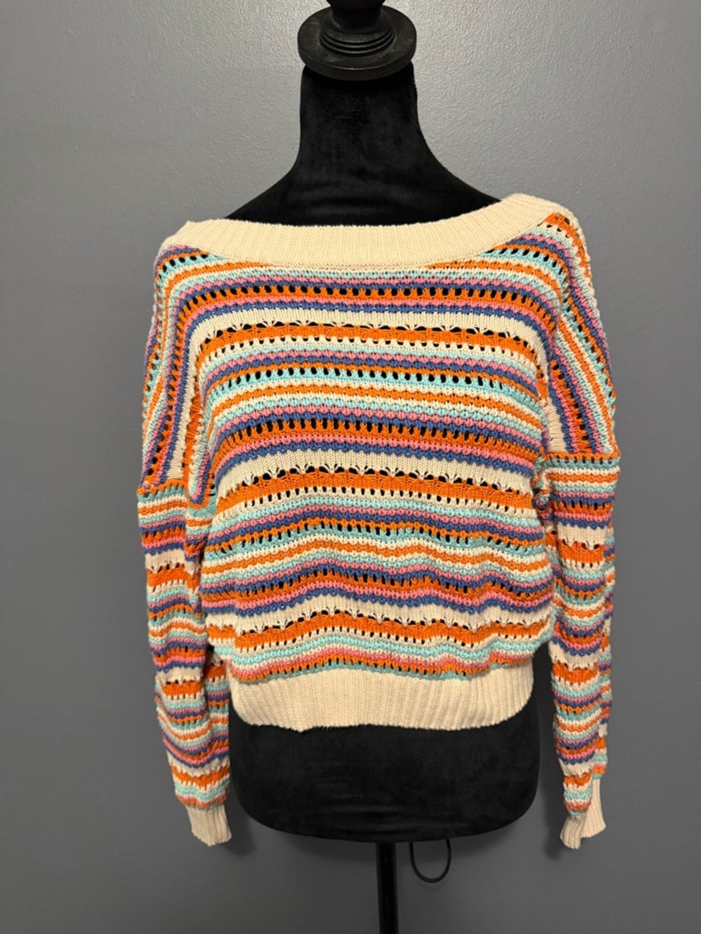 Off-the-Shoulder Multicolor Striped Knit Sweater - Cream Base